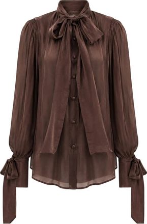 Actualee Satijnen Blouse met Padded Schouders - Dames - Blouses & Shirts - Bruin - Maat: S Satijn