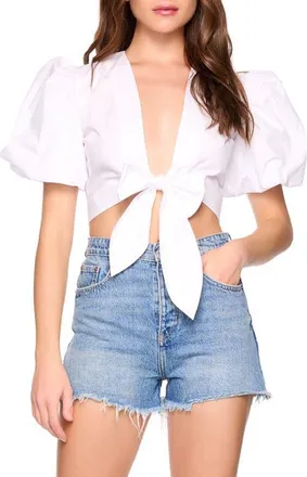 Susana Monaco Bubble Sleeve Tie Front Cotton Poplin Top in Sugar at Nordstrom, Size X-Large