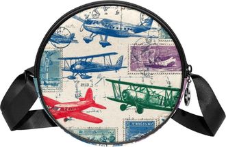 Generic Circle Crossbody Bag for Women, Airplane Retro Stamps Small Sling Bag Daypack with Zipper Adjustable Shoulder Straps Casual Ladies Girls Round Purse
