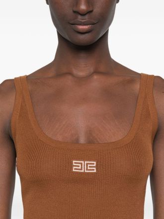 Elisabetta Franchi Ribbed-Knit Logo-Embroidered Tank Top - Caramel