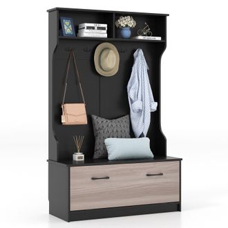 Costway Costway 3-in-1 Freestanding Hall Coat Rack Stand Shoe Bench with 5 Hooks & Cabinet in Black
