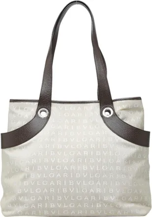Bulgari Beige Brown Canvas Leather Shoulder Bag Tote Bag (Pre-Owned)