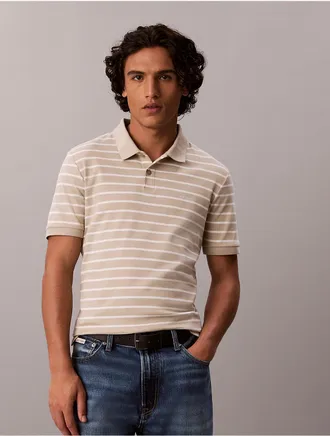 Calvin Klein Mens Liquid Touch Stripe Polo Shirt - Beige - XL