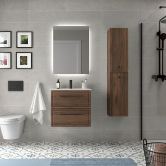 Cygnus Bath Mueble De Ba&ntilde;o Runa 70cm Nogal 2 Cajones Lavabo 1 Poza Porcelana