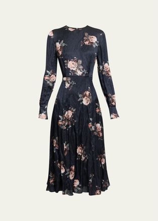 Erdem Floral Crushed Satin Crewneck Midi Dress