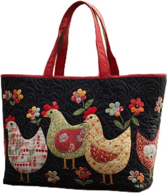 Generic Vintage Quilted Tote Bag for Women, Aesthetic Cotton Shoulder Bag with Literary Book & Floral Embroidery Lightweight Hobo Purse for World Book Day & M