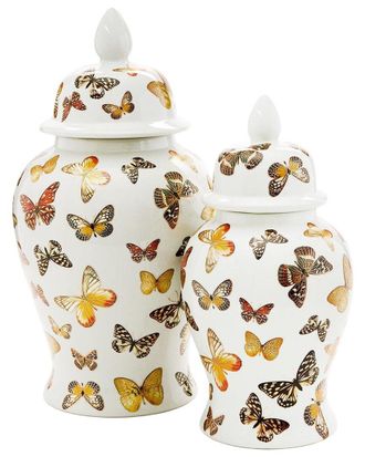 Tozai Home Twos Company Set Of 2 Butterfly Garden Covered Temple Jars