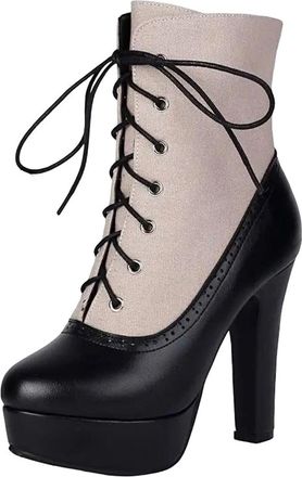 Generic Womens Fashion Party Boots Mid Calf Height Round Toe Super High Block Heel Platform With Lace Up And Mixed Color Design
