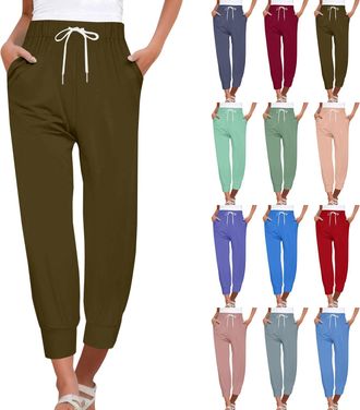 Generic Casual Trousers For Women Uk Ladies Trousers Elasticated Waist Drawstring Pants Cropped Trouser Plain Tracksuit Bottoms Training Pants Solid Color Swe