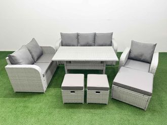 Fimous Patio PE Wicker 9 Seater Outdoor Rattan Furniture Sofa Sets w/ Rectangular Dining Table Reclining Chair Loveseat Sofa 3 Seater Sofa Stool