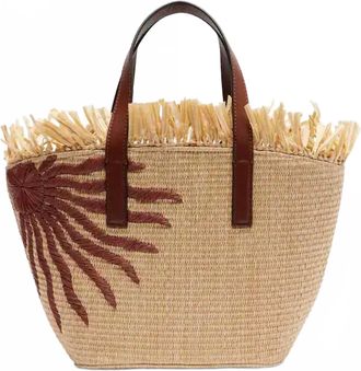 Farm Rio Womens Fringed Leather-Trimmed Raffia Tote Bag In Beige