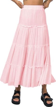 Generic Womens Long Maxi Skirts Elastic High Waist Tiered Flowy Long Skirt Pleated Swing A Line Maxi Summer Beach Skirt Grass Skirts (Pink, S)