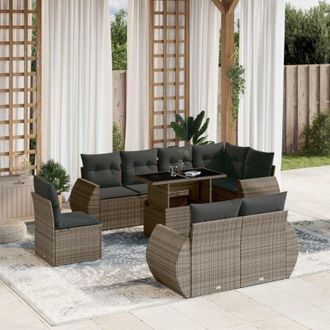 vidaXL Set De Muebles De Jard&iacute;n 9 Pzas Y Cojines Rat&aacute;n Sint&eacute;tico Gris Vidaxl