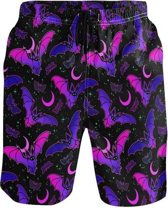 Alaza Beach Shorts, Purple Bat Gothic Mens Trunks Swim Shorts Quick Dry with Pockets for Summer Surfing Boardshorts Gym Outdoor Water Sports,Small