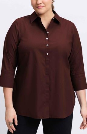 Foxcroft Madison Non-Iron Three-Quarter Sleeve Cotton Button-Up Shirt in Chicory Coffee at Nordstrom, Size 14W