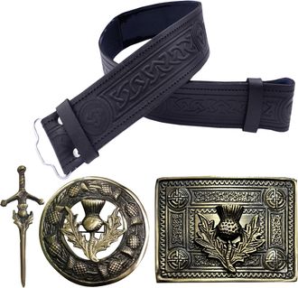Generic Kilt Belt and Buckle Set - Scottish Thistle Embossed Leather Belt, Handmade Pewter Plaid Brooch with Antique Celtic Knot Buckles, Antique Silver Finis