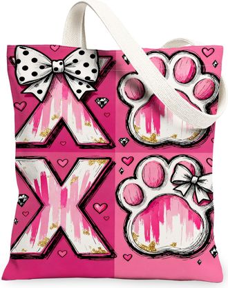 Generic Heart Paw Print Canvas Tote Bags, Cute Bow Pattern Reusable Grocery Bags, ValentineS Day Stylish Lightweight Washable Canv, Peach, 13x15 Inch