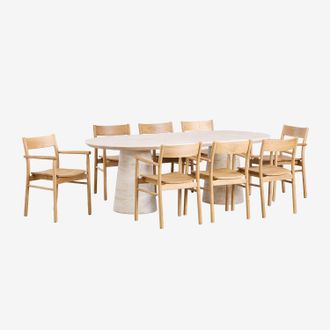 Sklum Set De Mesa Ovalada 220x95 Cm En Cemento Look Travertino Noemi Y 8 Sillas De Comedor En Madera De Roble Mara Signature Sklum