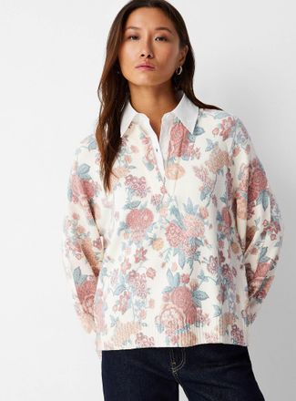 Contemporaine Womens Floral tapestry shirt collar sweater