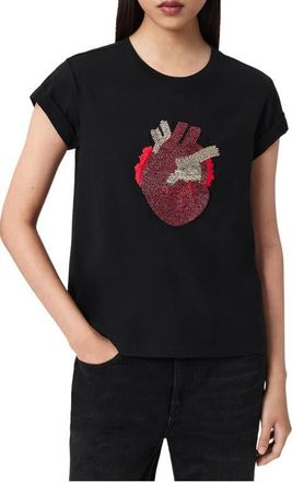 AllSaints Andrea Anna Embellished Beaded Heart T-Shirt in Black at Nordstrom, Size X-Small