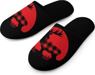 Generic Buffalo Plaid Deer Mens Slippers Warm Non-Slip Houes Shose Spa Slipper for Home Bedroom