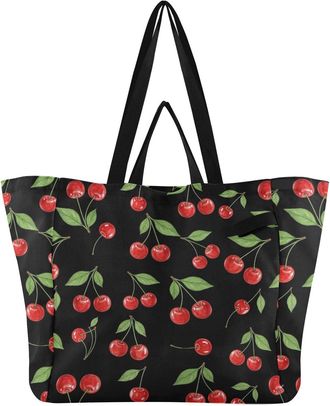 Generic Cherries Leaves Black pattern Reusable Canvas Tote Bag, Heavy Duty Grocery Shopping Bag with Double Handles Large Capacity Hard Bottom Work Groceries 