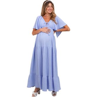Pinkblush Woven Textured Flutter Sleeve V-Neck Tiered Maxi Dress in Light Blue at Nordstrom, Size Small