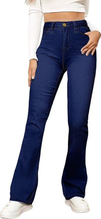 Generic Womens Jeans, Wide Leg Jeans for Women High Waisted Bell Bottom Denim Trousers with Slant Pockets Skinny Tummy Control Flared Pants L Dark Blue