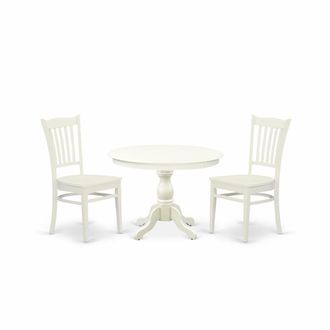 East West Furniture HBGR3-LWH-W 3 Piece Table Set - Linen White Round Dining Table and 2 Linen White Kitchen Chairs with Slatted Back - Linen White Finish
