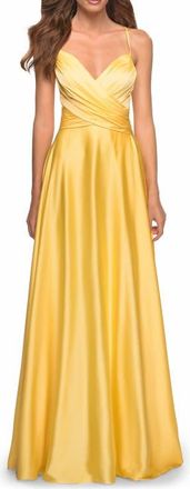 La Femme Bright Satin Gown with Criss-Cross Ruched Top in Yellow at Nordstrom, Size 4