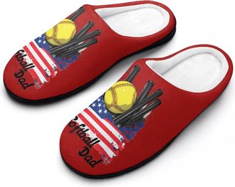 Generic Softball Dad U.S. Flag Mens House Slippers Memory Foam Washable Cotton Slip on Home Shoes