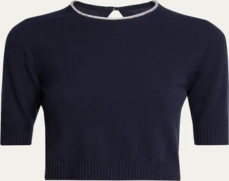 Giorgio Armani Crystal-Collar Cashmere Short-Sleeve Crop Sweater
