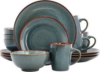 Elama 16 Piece Stoneware Dinnerware Set in Blue w/ Brown Rim at Nordstrom