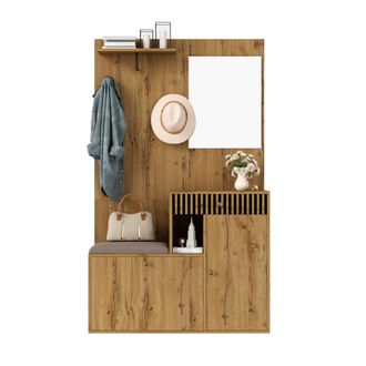 STILVORA Muebles De Entrada Con Espejo, 2 Puertas, 1 Caj&oacute;n Y Asiento Acolchado, Estantes Ajustables, En Mdf, Negro Y Madera, 110&times;37&times;185,5 Cm