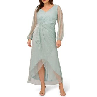 Adrianna Papell Metallic Long Sleeve Mesh High-Low Cocktail Dress in Mint Smoke at Nordstrom, Size 14W