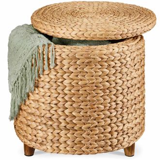 Best Choice Products 17 Round Storage Ottoman with Lid - Handwoven Water Hyacinth Modern Footstool