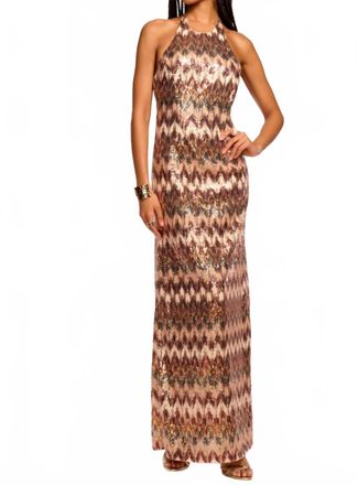 Ramy Brook Lester Chevron Sequin Halter Gown In Light Champagne