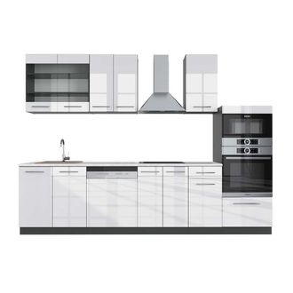 Vicco Mueble De Cocina Fame-line, Blanco Brillo/antracita, 300 Cm Con Armario Alto, Et M&aacute;rmol, Vicco