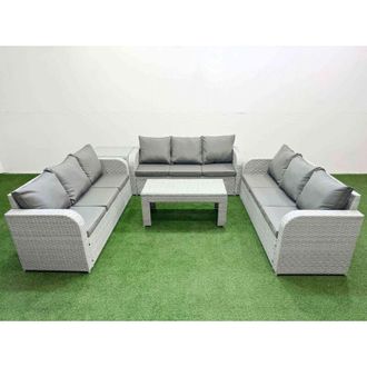 Fimous Pe Rattan Lounge Sofa Set 9 Seater Outdoor Garden Furniture Set with Oblong Coffee Table 3 Seater Sofa Side Table Light Grey - Fimous