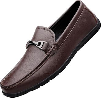 Generic Mens Large Size Genuine Cowhide Leather Slip-On Loafers Casual Driving Moccasins Comfortable Lazy Shoes(Brown,10.5)