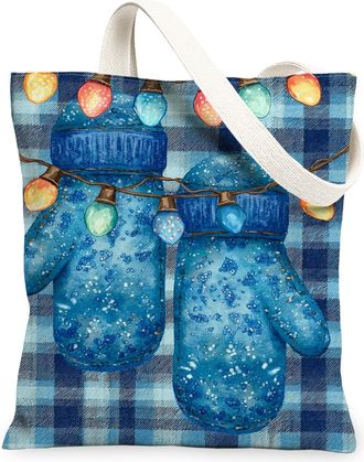Generic Blue Mittens Canvas Tote Bags, Cozy Holiday Pattern Reusable Grocery Bags, Lightweight Washable Shoulder Strap Canvas for S, Blue, 13x15 Inch