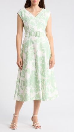 Calvin Klein Cap Sleeve Belted Midi Dress in Sage/Cream at Nordstrom Rack, Size 10