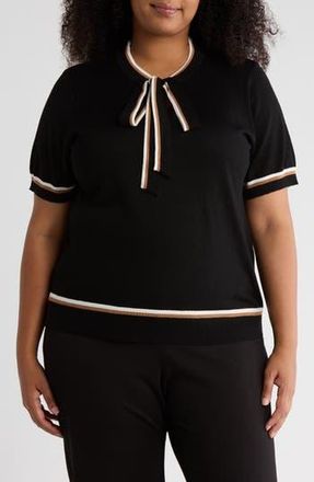 Adrianna Papell Double Tip Tie Neck Sweater in Black/Ivory/Camel at Nordstrom Rack, Size 1X