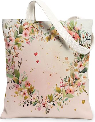 Generic Floral Canvas Tote Bags, Flower Pattern Reusable Grocery Bags, Spring Vintage Lightweight Washable Shoulder Strap Canvas for Travel Beach Picnic 13x15