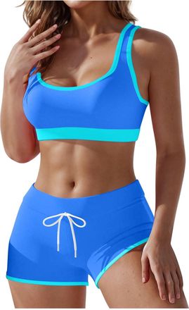 Generic Womens Sporty Swimsuits Two Piece Athletic Bikini Sets Push Up Bikini Top with Drawstring Boyshorts Bathing Suits Blue