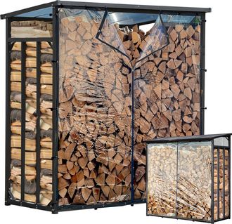 Quick-Star Metall Kaminholzregal Au&szlig;en 143 X 70 X 185 Cm Mit Wetterschutz Transparent, Basic - 30 Mm Stahlprofil, Anthrazit, Wetterfest, Kapazit&auml;t 1,8 M&sup3; (2,5 Sr