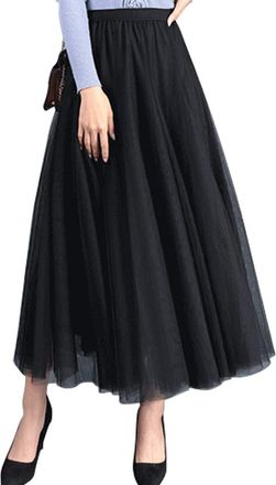 Feoya Womens Pleated Tulle Maxi Skirt Ankle Length Elastic High Waist A Line Flowy Big Hem Skirt Chiffon Petticoat Black