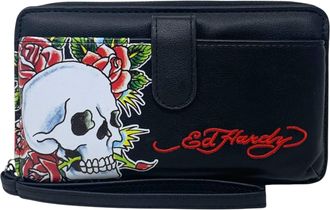 Ed Hardy Womens Multicompartment Wallet with Wrist Strap, Black W/ Skull and Roses, One Size