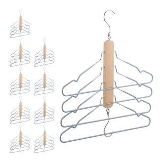 Relaxdays Set 10 Perchas Ahorra Espacio Con Varilla Pantalones, 4 Colgadores Madera Y Metal, Antideslizantes, Natural Y Gris