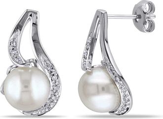 Amour 9 - 9.5 Mm White Cultured Freshwater Pearl Earrings with Diamonds In Sterling Silver